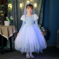 Elsa Frozen Cinderella Blue Cosplay Costume For Kids Girl Long Sleeve Mesh Princess Dress Halloween Christmas Outfits Gown