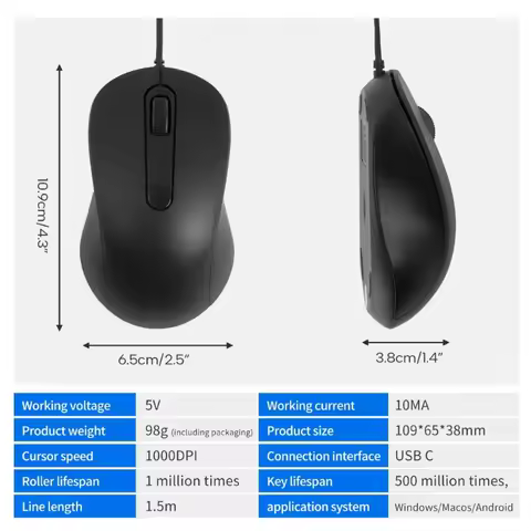 USB C Mice 3 Buttons 1000DPI Adjustable Sensitivity Type C Gaming Mouse for Windows PC, Laptop and M