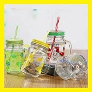 ✸ ⭐ ❀ 【 MC Mart】500ml New Picks Korean Colorful Mason Glass Jar With Reusable Straw Bottle Glass Em