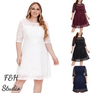 F&H 3988-4 Colors XL-5XL Elegant Women Plus Size Round Neck Mid Sleeve Lace Midi Dress