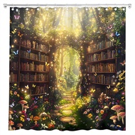 Enchanted Forest Library Shower Curtain Magical Bookshelf Fantasy Mushroom Floral Butterfly Garden W