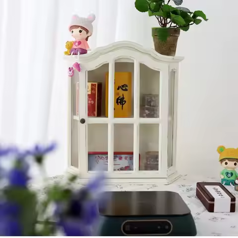 Vintage Tabletop or Wall-Mounted Display Cabinet, White Wood Frame with Stalinite Door, 2-Tier Stora