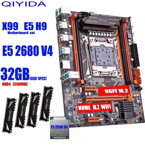 QIYIDA X99 motherboard set LGA2011 3 Xeon E5 2680 V4 kit 4*8G=32GB 3200MHz DDR4 4 channels SATA 3.0 