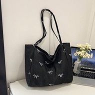 New Korean Casual Fashion Versatile Blue Highly Attractive Bow Washed Canvas Tote Bag For Commuting,