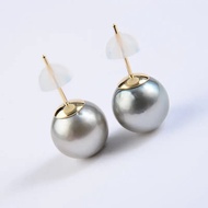 37l 9-10MM Natural Gray Real Tahitian Pearl Stud Earrings 9K Solid Yellow Gold XcH