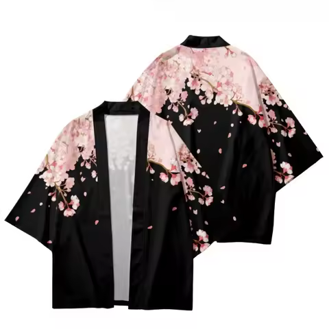 Sakura Flowers Print Yukata Men Women Fashion Cardigan Blouse Haori Obi Asian Clothes Harajuku Japan