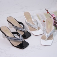 Ảnh thật ( Phom guốc rộng) -Dép nữ cao gót vuông trong 7p quai kẹp ngón đính đá - D008