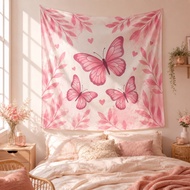 Pink Butterfly Wall Tapestry Floral Leaf Tapestry Aesthetic Bedroom Decor Dorm Room Backdrop Gift