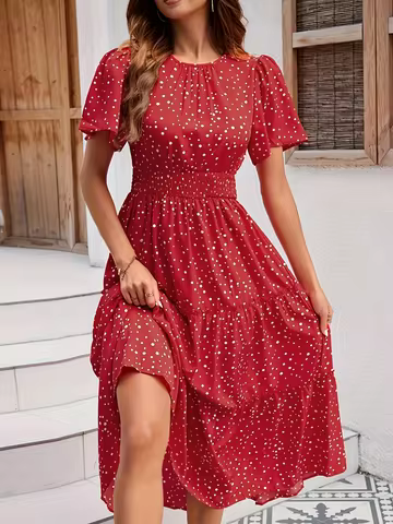 French-Style Vacation Red Polka Dot Chiffon Dress for Women, Spring and Summer Waist-Cinching Slimmi
