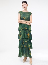 2149C-1 One Size (45-75kg) Summer Women Fairy-like Elegant Long with Floral Print Miyake-style Cake 