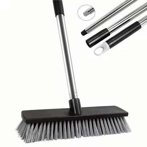 Large hard-bristled broom, wood floor scrubber with adjustable multi-section long handle, concrete p