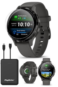 Garmin Venu 3S (Slate/Pebble Gray) Fitness GPS Smartwatch Bundle - AMOLED Touchscreen, 10 Days Batte