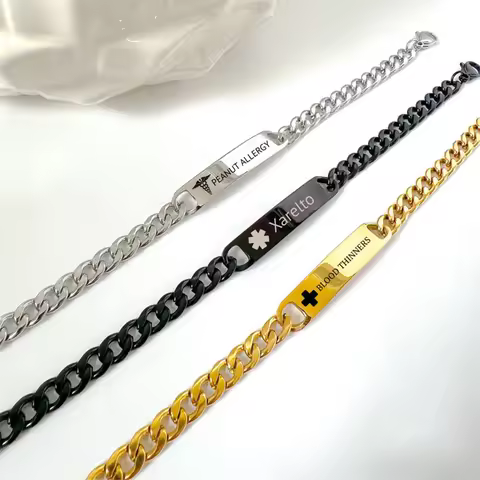 Custom Medical Alert Stainless Steel Bar Bracelet Personalized Medical Jewelry Customized Name Brace