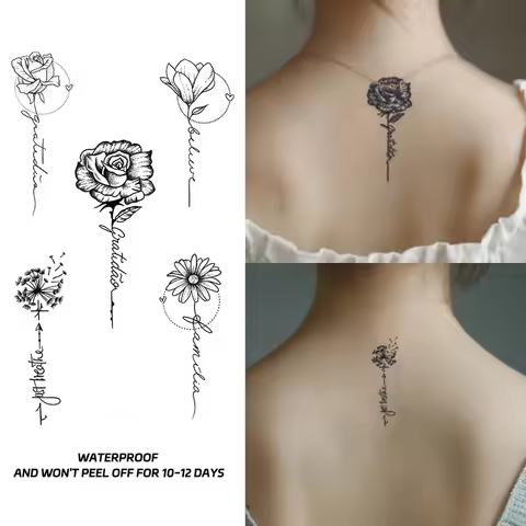 Rose and Text with Flower Stem Waterproof Temporary Tattoo Sticker, Long-lasting for 1-2 weeks, Semi