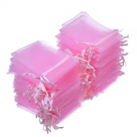 100Pcs Jewelry Bags Packing Drawable Pink Organza Bags 7x9 9x12 10x15 13x18 17x23cm Gift Bags Sachet