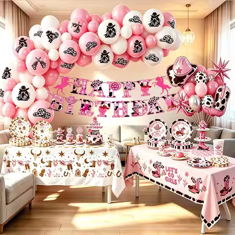 Pink Disco Cowgirl Party Decoration Tableware Set Let's Go Girls Western Theme Plates Cup Napkin Bal