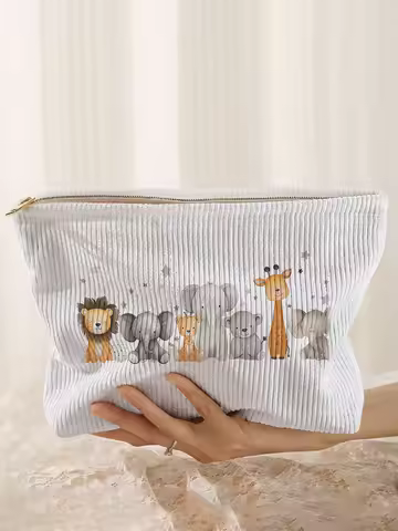 Cute safari animal lion elephant giraffe printed corduroy makeup bag, lightweight zipper pouch, mult