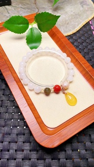 原創手工客製天然和田玉白玉手鏈  配天然鹽源瑪瑙回紋珠