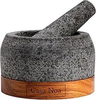 Casa Noa Mortar and Pestle Set with Wood Base - Heavy &amp; Solid Unpolished Granite - 100% Natural, Large Guacamole Bowl, Stone Grinder, Molcajete Bowl, Anti-Scratch, 1.8 Cup Capacity, 5.8-Inch Pestle