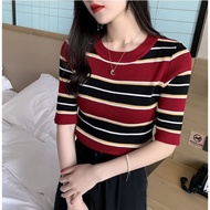 SK2049 -M'SIA Ready Stock Knitted Material Women Top 短袖条纹针织衫