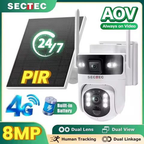 SECTEC Surveillance Camera AOV 24/7 Recording 4G Solar Outdoor Camera PIR Human Detection Dual Scree