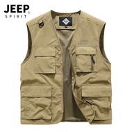 เสื้อกั๊ก JEEP เสื้อกั๊กตกปลากลางแจ้งวิญญาณสำหรับผู้ชายคอวีแบบบางแห้งเร็วเสื้อกั๊กหลายกระเป๋าเสื้อกั