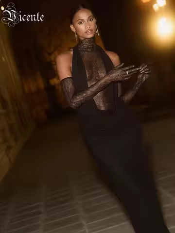 VC Glamorous Black Halter Dress with Lace Details Gloves for Fashion Events Party Evening Gown