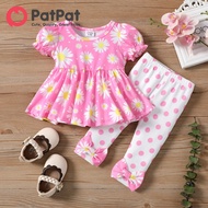PatPat Baby/Toddler Girl 2pcs Puff-sleeve Floral Print Top and Polka Dots Print Leggings Set