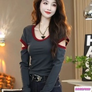 Cotton Blouse Plus Size Women's Summer Korean Style Hollow Round Neck Long Sleeve T-shirt