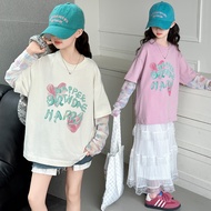 Girls T Shirt Summer Patchwork Long Sleeve Sun Protection Breathable Letter Print T Shirt Children C