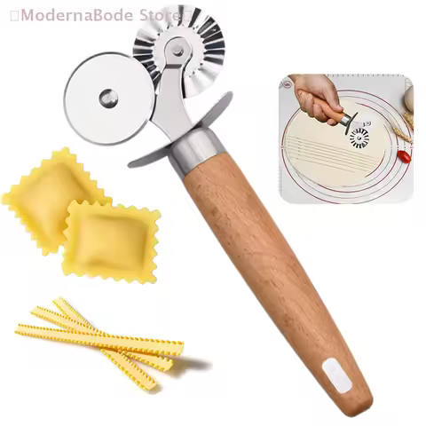 【M】Pasta Cutter Wheel - Fluted Pastry Cutter Double Wheel Ravioli Cutter Tool With Wooden Handle For
