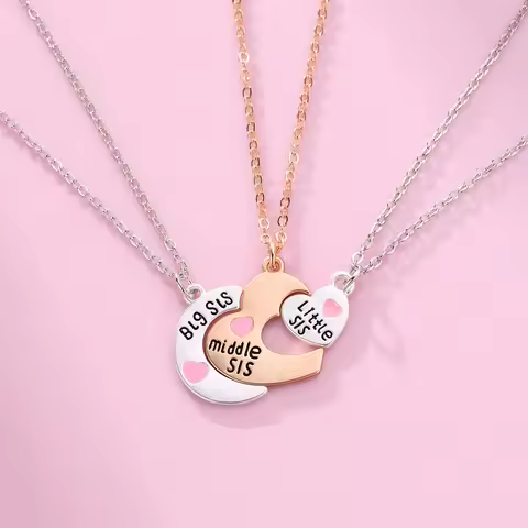 Lovecryst 3Pcs/set Big Sis Middle Sis Little Sis Love Splicing Moon Heart-shaped Best Friend Necklac