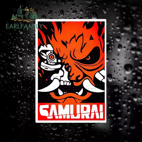 1pc Cyber Samurai Art Sticker, EARLFAMILY Red Demon Design, Waterproof Scratch Guard for Car Body