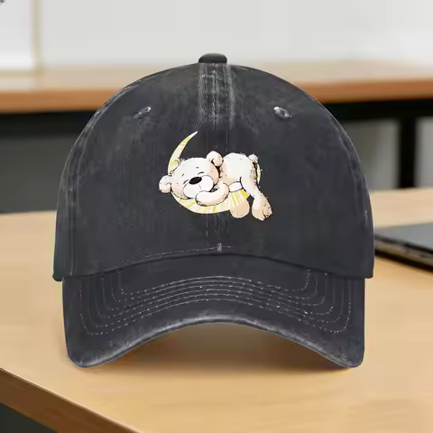 Teddy Bear Playing Badminton Print Washed Baseball Cap for Young Men And Women Design Print Sun Hip 
