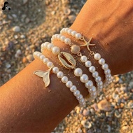 Best Friend Gift 4 Pcs Pearl Bracelet Set Matching Ocean Charm Friendship Jewelry for Women