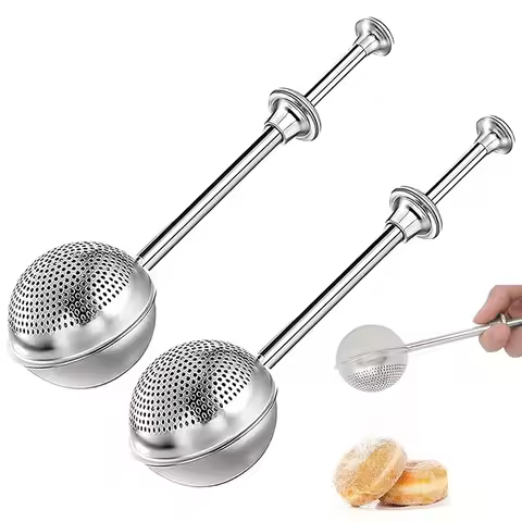 Stainless Steel Flour Powder Shaker Ball Retractable Handle Sugar Duster Baking Coffee Cocoa Powder