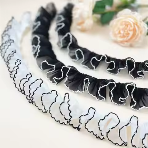 2 Yards Ruffled Pleated Lace Fabric Trim Pleated Chiffon Black White Applique 4CM Wide