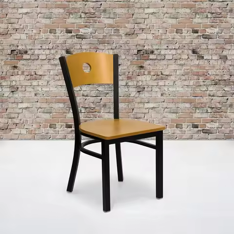 2 Pk. HERCULES Series Black Circle Back Metal Restaurant Chair Natural Wood Back amp Seat