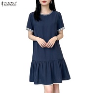 ZANZEA Women's Embroidered Spliced Ruffle Dress