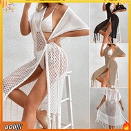Short Sleeve Stitching Design Open Stitch Cover Up Women Crochet Hollow Tassel Swimwear Cover Up Bea