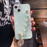 Samsung Galaxy S22 Ultra J4 J6 Plus A7 2018 J2 J5 J7 Prime J3 Pro Square Bling Diamond Four-leaf Clover Lucky chain Bracelet Plating Soft Phone Case Back Full Cover Casing