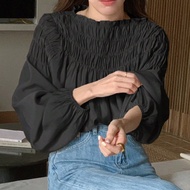 Cherryshop 💕 Ready Stock 💕 Elegant Solid Color Pleated Long Sleeve Pullover Shirt Women Korean Style