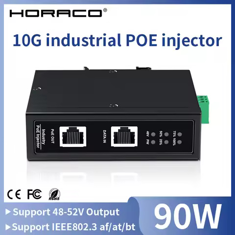 HORACO 10G industrial POE Injector 90W 35mm DIN Rail IEEE 802.3 af/at/bt Plug&Play 48-55V for IP Cam