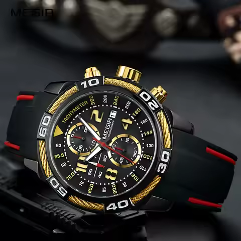 Megir Men's Sports Chronograph Quartz Wrist Watches Waterproof Silicone Army Racing Luminous Clock R