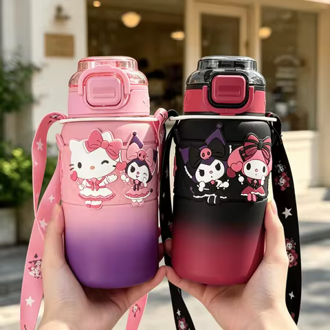 600ml Cute Sanrio Gradient Water Bottle Strap Kuromi Water Bottle High Beauty Large Capacity Straw C