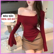 BB Women's Long-Sleeved Off-Shoulder Blouse Designed with Flared Sleeves and Diagonal Flap for Weari