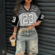 Plus Size Women V-Neck Loose Short 5/8 Sleeve Mesh T-Shirt, Summer Sports Casual Football Jersey Cro