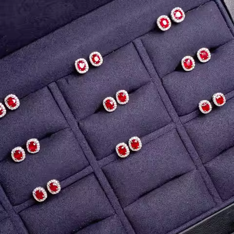 Classical Elegant S925 Silver 0.50ct Mozambique Ruby Oval Ear Stud Piegon Blood Ruby Full Diamond Ti