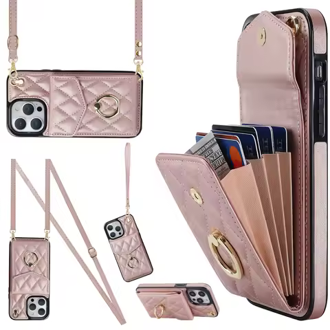 Crossbody Lanyard Ring Holder Leather Case for iPhone 13 14 15 16 E 17 Pro Max 17 Air 16 Plus 12 11 
