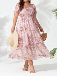 SHEIN VCAY Vestido Largo Elegante Estampado Floral Rosa Con Dobladillo Grande De Talla Grande